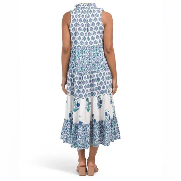 Chelsea & Theodore Womens White Blue Sleeveless Maxi Dress Size M Boho Floral - Picture 2 of 10